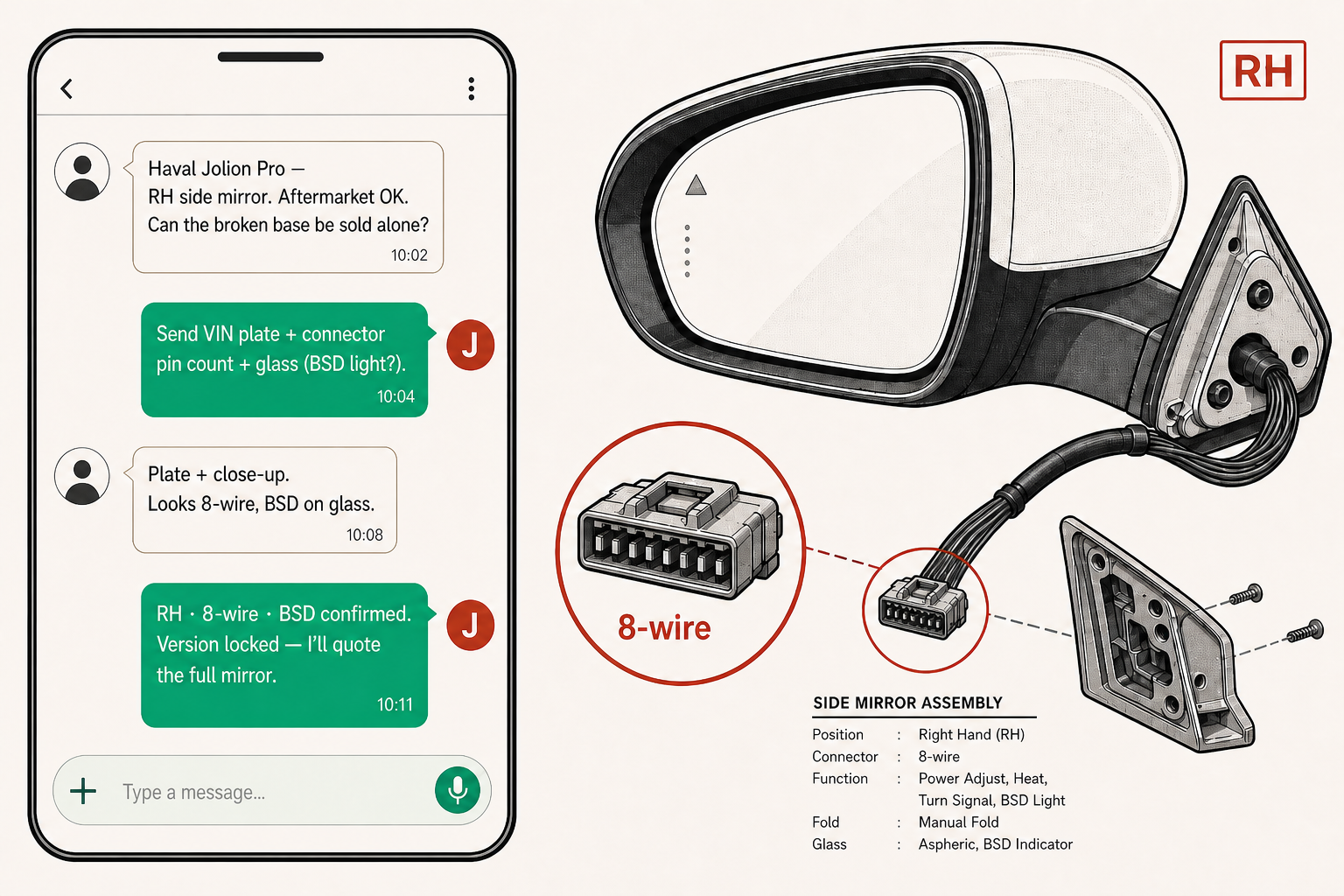 Designed chat scene: version check on a Chinese-brand line before quote