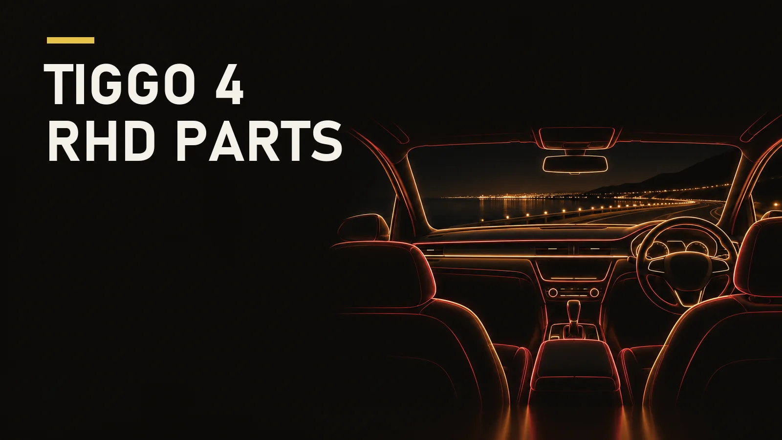 Neon line illustration of a right-hand-drive car cockpit with the headline "Tiggo 4 RHD parts"