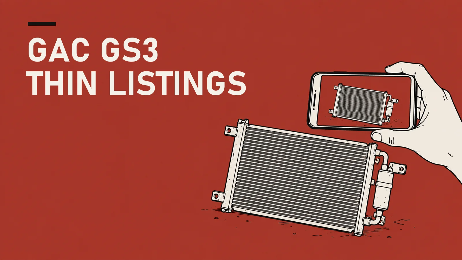 Hand-drawn phone photographing an A/C condenser on a red background, headline "GAC GS3 thin listings"