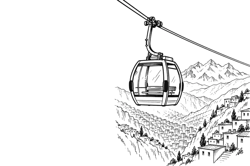 Ilustración de línea: teleférico sobre las laderas y montañas de La Paz, Bolivia
