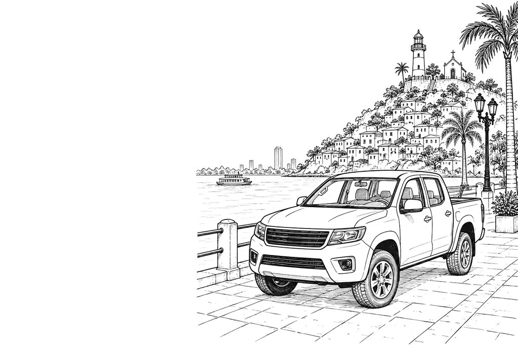 Ilustración de línea: camioneta en el malecón de Guayaquil, Ecuador, con el cerro Santa Ana al fondo