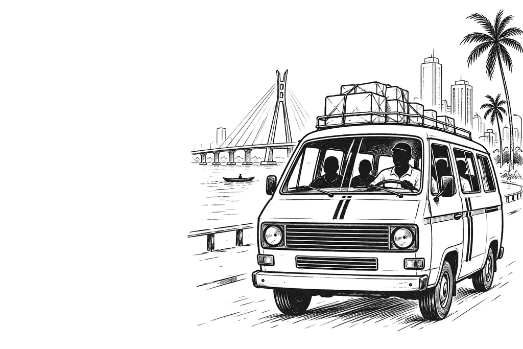 Line illustration: a loaded minibus on a Lagos road, Nigeria, with the Lekki bridge and palm trees behind
