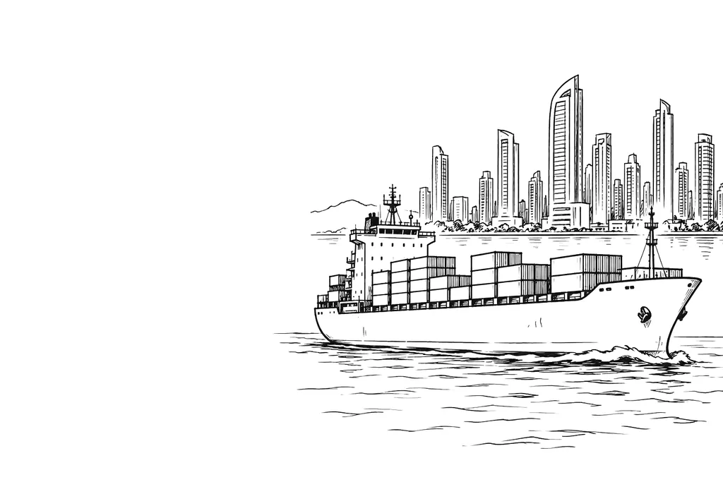 Ilustración de línea: buque portacontenedores frente a los rascacielos de la bahía de Ciudad de Panamá