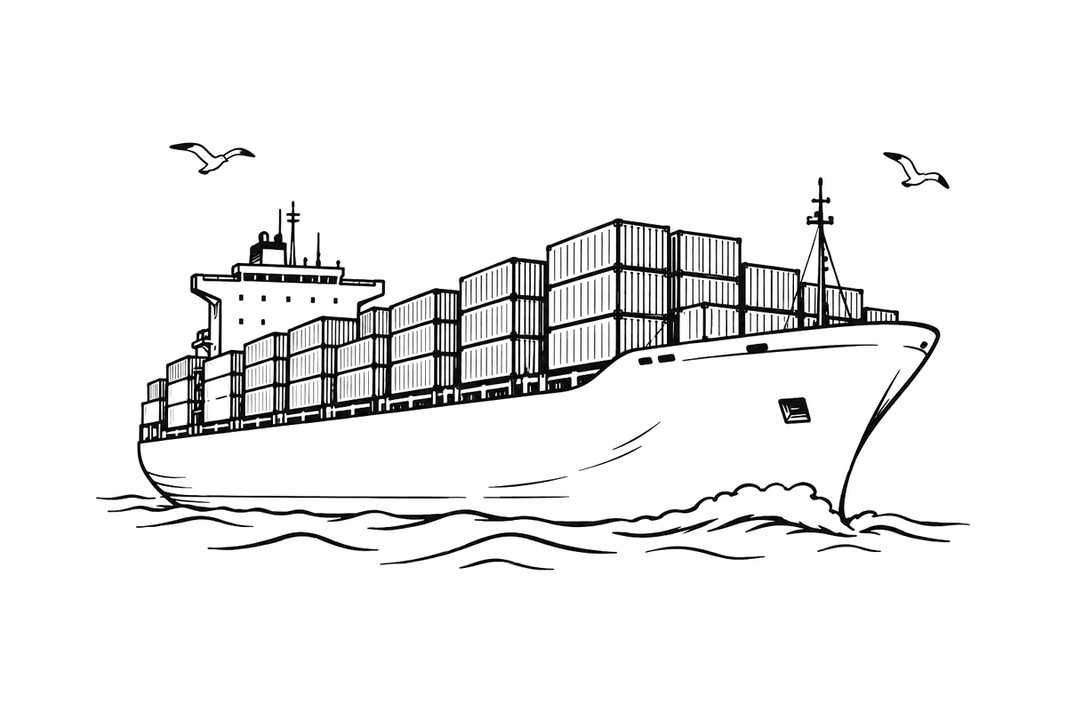 Dibujo de línea de un buque portacontenedores cargado en el mar