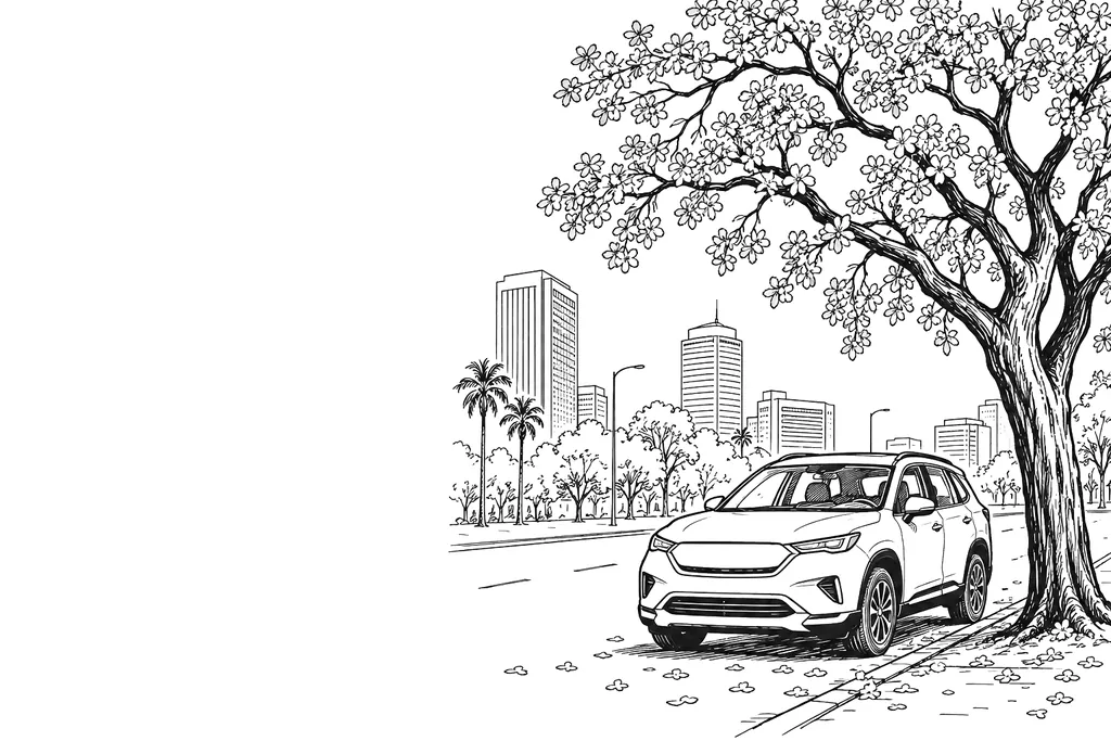 Line illustration: an SUV under a jacaranda tree on a Harare street, Zimbabwe, with office towers behind